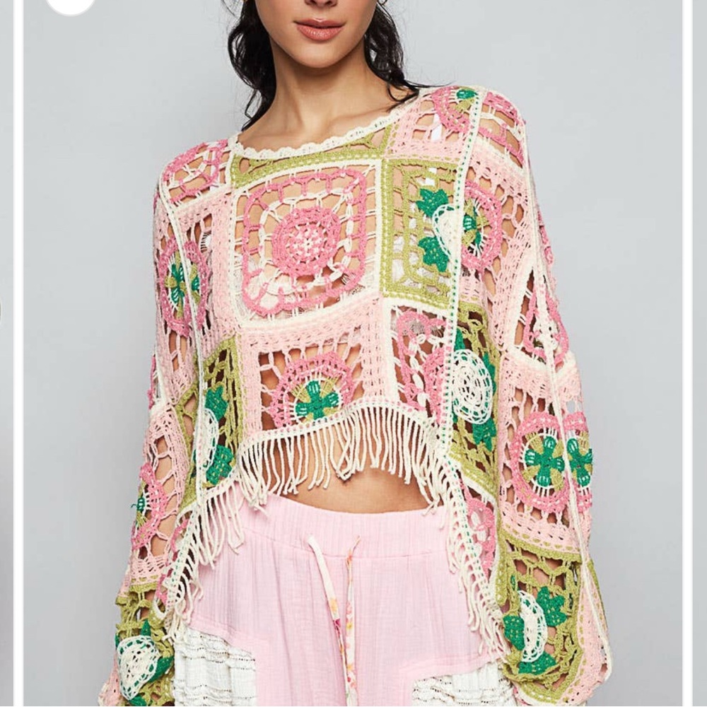 POL Crochet Mosaic Fringe Pullover - Pink, Green, Cream